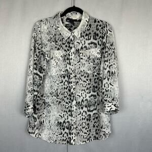 Women's Lane Bryant Black White Animal Print Sheer 3/4 Sleeve Button Up - 14/16